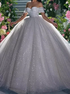 Robe de mariée princesse en dentelle à paillete bustier hors des épaules au sol