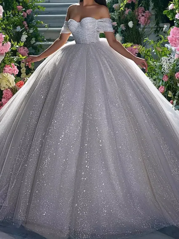 Robe de mariée princesse en dentelle à paillete bustier hors des épaules au sol