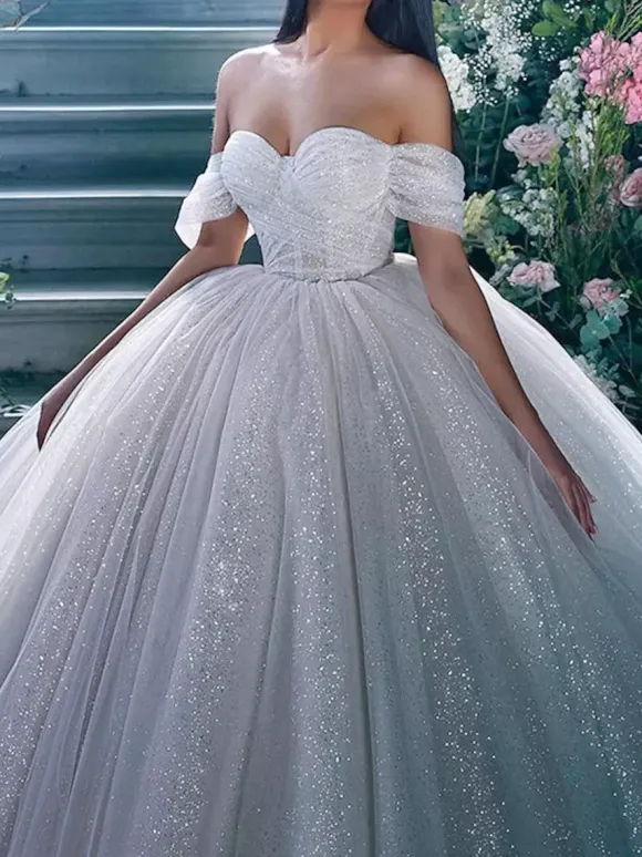 Robe de mariée princesse en dentelle à paillete bustier hors des épaules au sol