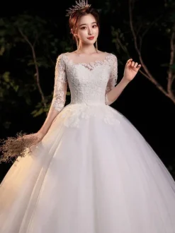 Robe de mariée princesse robe de mariage demi manhce à grande traîne laçage sur dos
