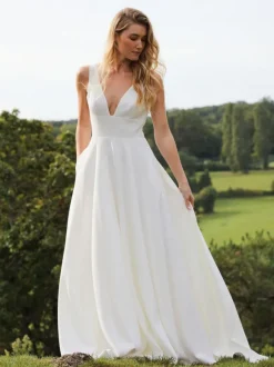 Robe de mariée simple A-ligne Col en V Robes de mariée sans manches