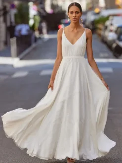 Robe de mariée simple A-ligne col en V sans manches robes de mariée