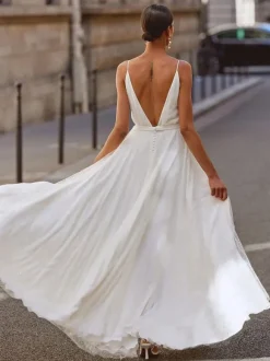 Robe de mariée simple A-ligne col en V sans manches robes de mariée
