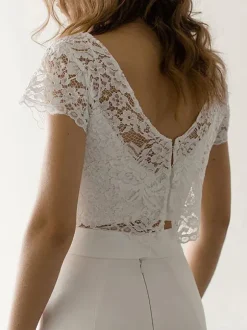 Robe de mariée simple blanche deux pièces Top en dentelle col rond jupe droite à traîne