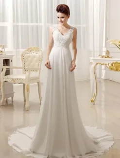 Robe de mariée simple blanche en dentelle co V en dentelle boutonné sur dos jupe plissée robe de mariage