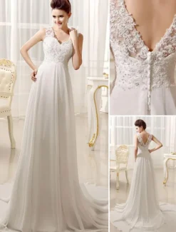 Robe de mariée simple blanche en dentelle co V en dentelle boutonné sur dos jupe plissée robe de mariage