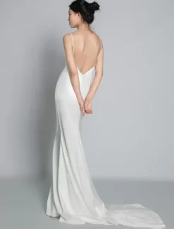 Robe de mariée simple blanche en satin col V décolleté longueur au sol Robe de mariage