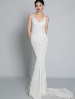 Robe de mariée simple blanche en satin col V décolleté longueur au sol Robe de mariage