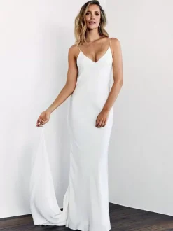 Robe de mariée simple blanche en satin col V décolleté longueur au sol Robe de mariage