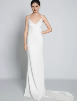 Robe de mariée simple blanche en satin col V décolleté longueur au sol Robe de mariage