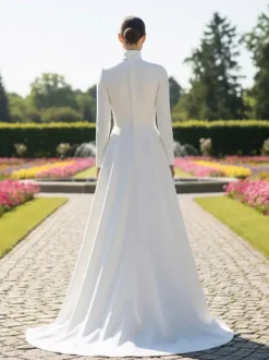 Robe de Mariée Simple Blanc  manches longues col roulé Tissu de satin Robes de mariée