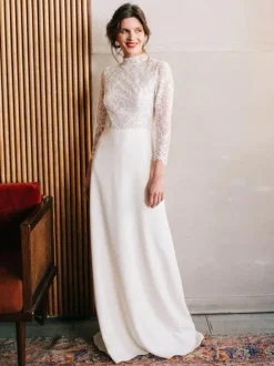 Robe de mariée simple col montant manche longue au sol