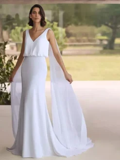 Robe de mariée simple en mousseline col en V sans manches plissée style sirène