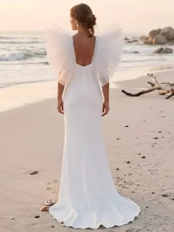 Robe de mariée simple en polyester col carré manches courtes coupe sirène