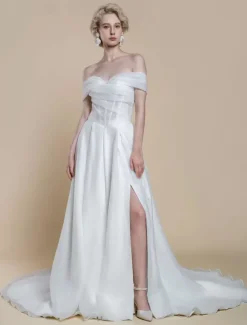 Robe de mariée simple en polyester à col bateau et manches courtes robe de bal découpée 40 cm