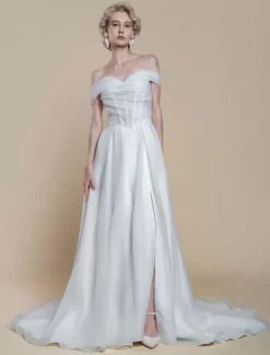 Robe de mariée simple en polyester à col bateau et manches courtes robe de bal découpée 40 cm