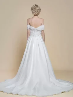 Robe de mariée simple en polyester à col bateau et manches courtes robe de bal découpée 40 cm