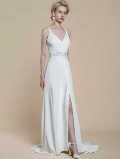 Robe de mariée simple en tissu satiné col en V sans manches en dentelle robe de bal 30 cm