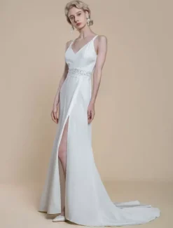 Robe de mariée simple en tissu satiné col en V sans manches en dentelle robe de bal 30 cm