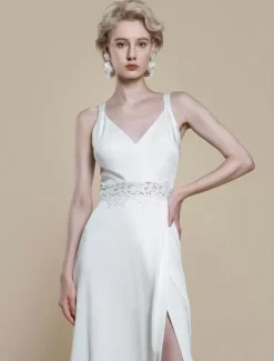 Robe de mariée simple en tissu satiné col en V sans manches en dentelle robe de bal 30 cm