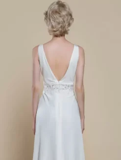Robe de mariée simple en tissu satiné col en V sans manches en dentelle robe de bal 30 cm