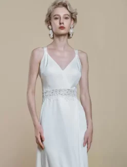 Robe de mariée simple en tissu satiné col en V sans manches en dentelle robe de bal 30 cm