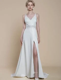 Robe de mariée simple en tissu satiné col en V sans manches en dentelle robe de bal 30 cm