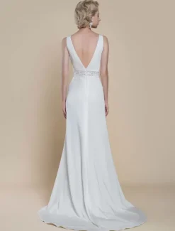 Robe de mariée simple en tissu satiné col en V sans manches en dentelle robe de bal 30 cm