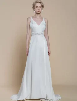 Robe de mariée simple en tissu satiné col en V sans manches en dentelle robe de bal 30 cm