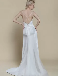 Robe de mariée simple fourreau col en V sans manches n艙uds 30 cm robes de mariée