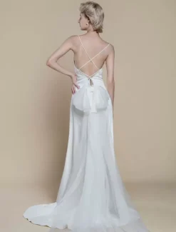 Robe de mariée simple fourreau col en V sans manches n艙uds 30 cm robes de mariée