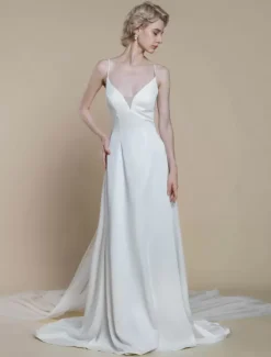 Robe de mariée simple fourreau col en V sans manches n艙uds 30 cm robes de mariée