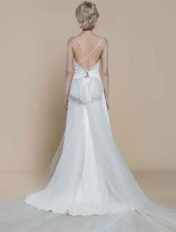 Robe de mariée simple fourreau col en V sans manches n艙uds 30 cm robes de mariée