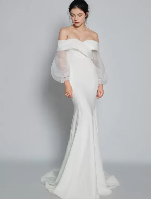 Robe de mariée simple hors de l'épaule manche longue zip sur dos au sol