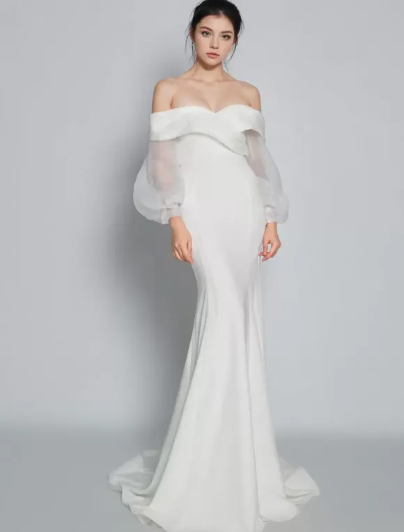 Robe de mariée simple hors de l'épaule manche longue zip sur dos au sol
