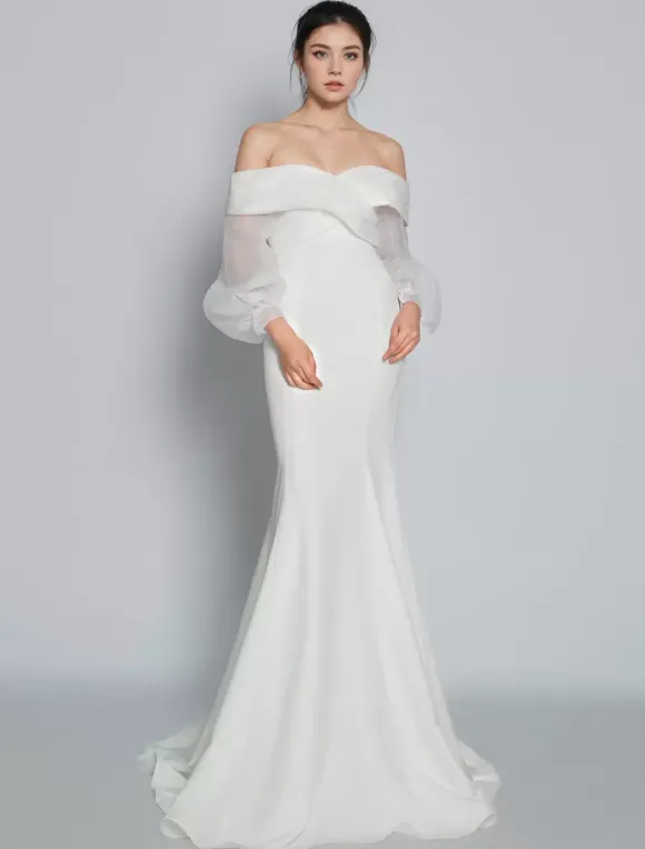 Robe de mariée simple hors de l'épaule manche longue zip sur dos au sol