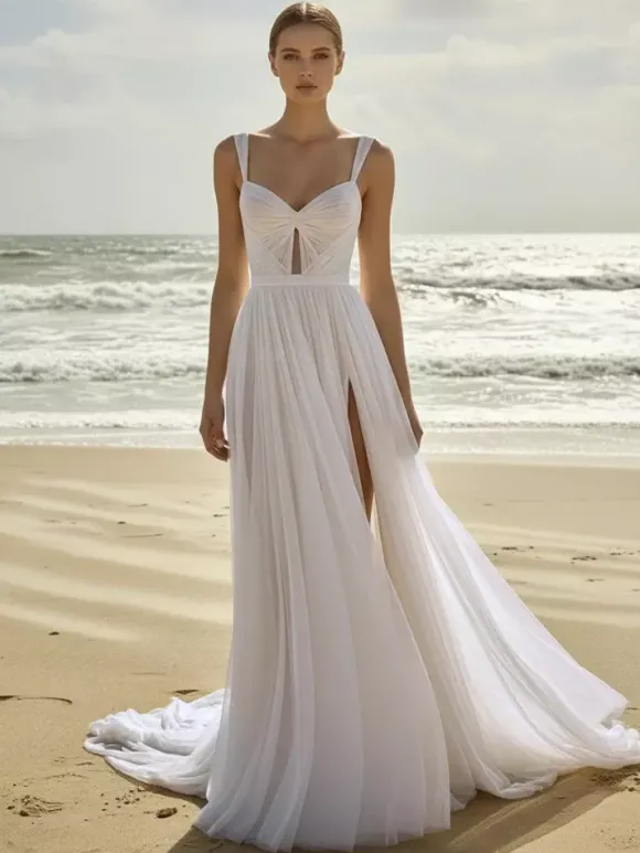 Robe de Mariée Simple Ivoire sans manches Cou original en tulle Robes de mariée