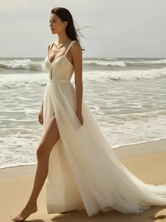 Robe de Mariée Simple Ivoire sans manches Cou original en tulle Robes de mariée