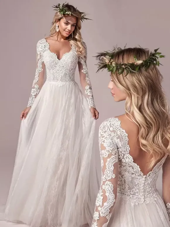 Robe de mariée simple robe de mariage en dentelle col V manche longue transparente décolleté à traîne