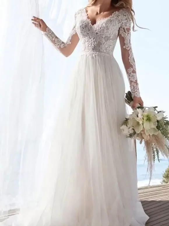 Robe de mariée simple robe de mariage en dentelle col V manche longue transparente décolleté à traîne
