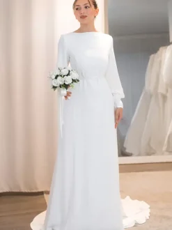 Robe de mariée simple robe de mariée vintage col rond manche longue à traîne