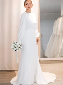 Robe de mariée simple robe de mariée vintage col rond manche longue à traîne