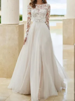 Robe de Mariée Simple Robe de mariée dentelle Ivoire manches longues col rond en tulle