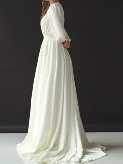 Robe de mariée simple robe de mariage col rond manche longue au sol