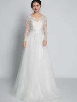 Robe de mariée simple robe de mariage en dentelle col V manche longue transparente décolleté à traîne
