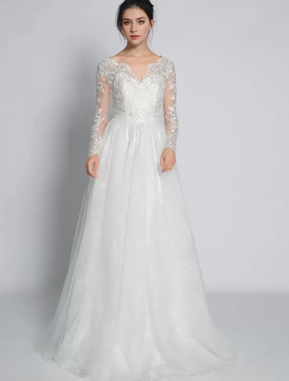 Robe de mariée simple robe de mariage en dentelle col V manche longue transparente décolleté à traîne