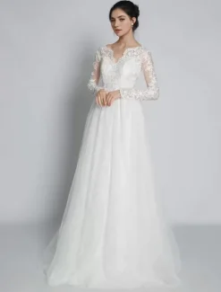 Robe de mariée simple robe de mariage en dentelle col V manche longue transparente décolleté à traîne