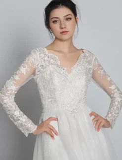 Robe de mariée simple robe de mariage en dentelle col V manche longue transparente décolleté à traîne