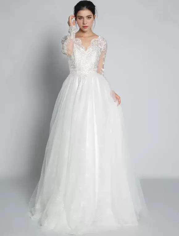 Robe de mariée simple robe de mariage en dentelle col V manche longue transparente décolleté à traîne