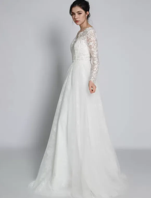 Robe de mariée simple robe de mariage en dentelle col V manche longue transparente décolleté à traîne